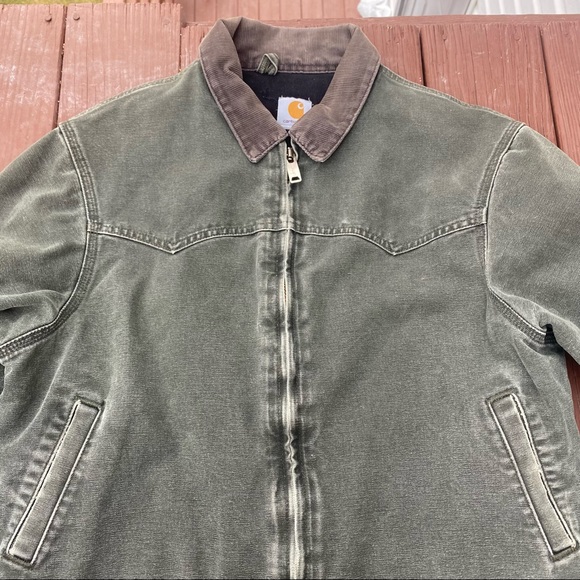 Vintage Carhartt Detroit Canvas Bomber Jacket Blanket Lined Green Distressed Lrg - Picture 3 of 7